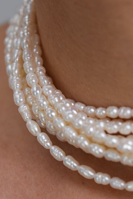 Colier 12 randuri perla albă 3 mm orez baroque Premium