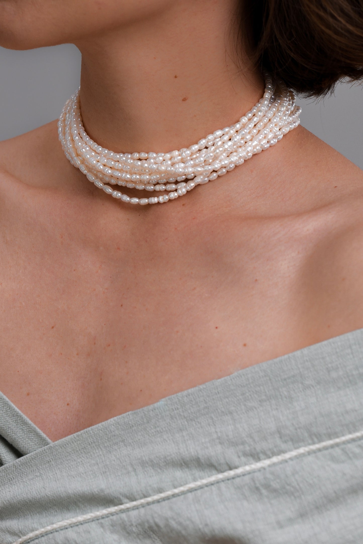 Colier 12 randuri perla albă 3 mm orez baroque Premium