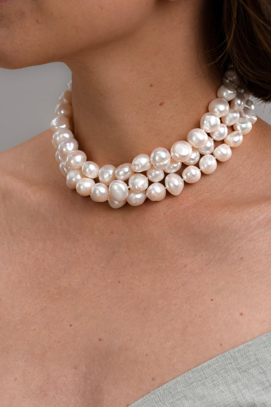 Colier 3 randuri perlă albă 14 mm baroque Premium